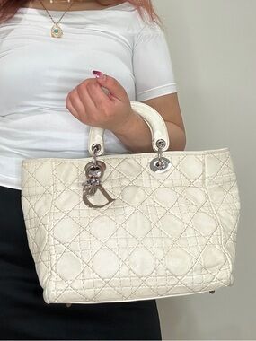 Christian Dior Cannage Stitch Ivory Lady Dior Tote Bag